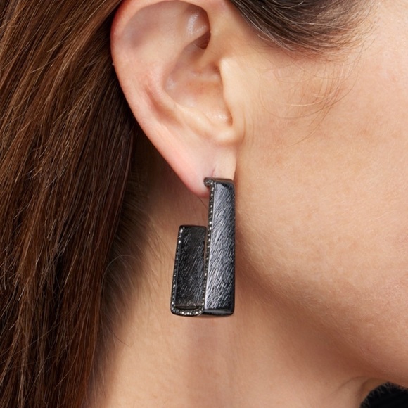 NEW Chico’s Hematite Tone Pavé Rectangle Hoops Statement Earrings Everyday Wear - Picture 8 of 9